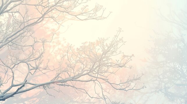 Abstract scene with cascading tree branches soft glows and a gradient from silvery white to peach