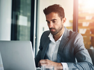 Aufkleber - Business, thinking and man with laptop, ideas and corporate professional with insight, thoughts and internet. Person, consultant and employee with computer, research and typing proposal with solution