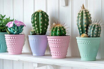 Sticker - Collection of cactus plants in different colorful pots. Potted house plants on white shelf at home