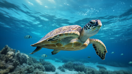 Wall Mural - Sea turtle swimming gracefully.