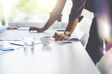 Aufkleber - Meeting, blueprint and hands of business man for architecture, urban planning and property development. Building company, engineering agency and people with paperwork, floor plan and design on desk