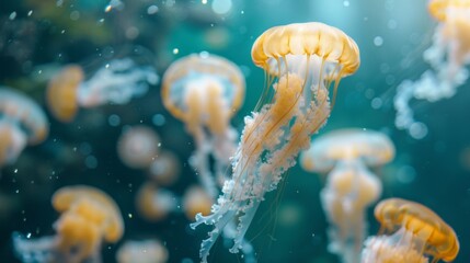 Jellyfish is swimming in the water with blue background. Colorful jellyfish are moving under the sea