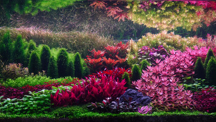 Colorful planted aquarium tank. Aquatic plants tank. Dutch inspired aquascaping with colorful aquatic stem plants. Aquarium garden, selective focus