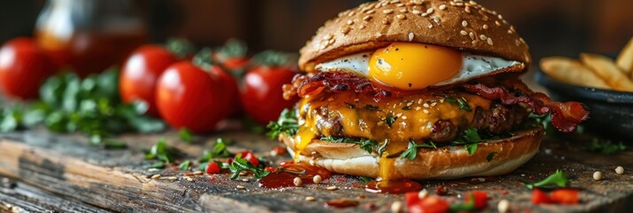 Poster - Juicy burger topped with a sunny-side-up egg and crispy vegetables.  Juicy  Delicious gourmet burger with bacon, cheddar cheese, and a fried egg on a sesame seed bun on a background with copy space.