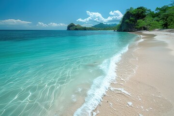 Wall Mural - A pristine beach with clear blue waters and an absence of litter, representing successful conservation efforts.