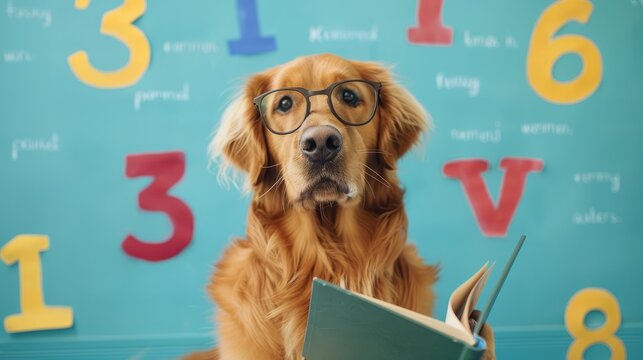 Golden retriever wearing glasses and reading a book, look smart is surrounded by Numbers Floating in mid-air around the body represent creativity on pastel background