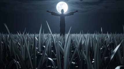 Tall scarecrow in a moonlit cornfield, surrounded by rustling corn stalks, eerie and haunting ambiance, dark and mysterious scene