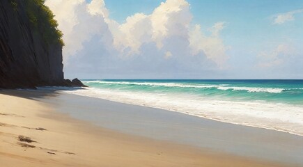 Wall Mural - a painting of a beach with a cliff in the background