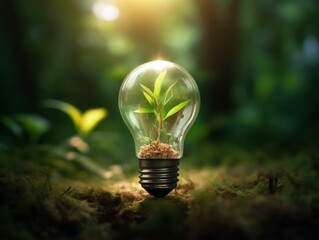 Green plant growing inside of light bulb. Ecology and environment concept.