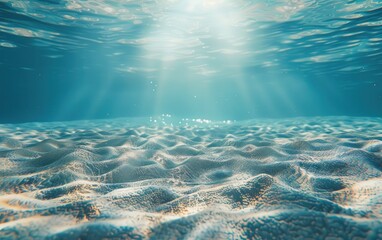 Sand and Sunlight in the Blue Tropical Ocean, Submerged Serenity, Serene Scene of Sunlit Seabed Generative ai