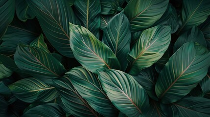 leaves of Spathiphyllum cannifolium in the garden, abstract green texture, nature dark tone background, tropical leaf