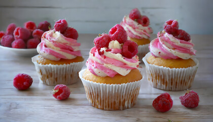 Wall Mural - Tasty raspberry cupcakes on table