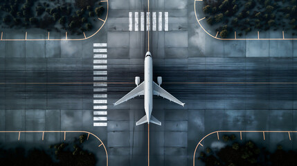 Wall Mural - Aerial view of body aircraft departing airport runway, White aircraft on airport runway