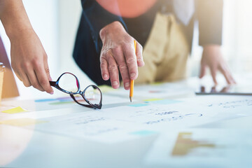 Canvas Print - Hands, people and office with documents for strategy, feedback and report on company growth. Business, employees and paperwork with teamwork or collaboration for project planning in boardroom