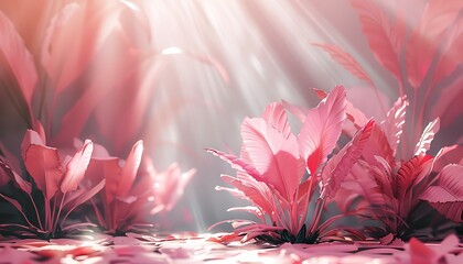 Canvas Print - 3d render, pink flowers on pastel background with shadows.