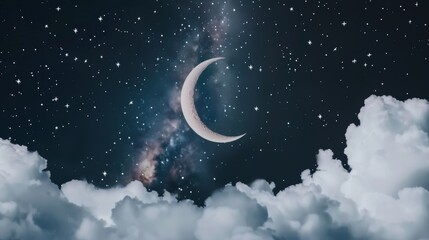 Ethereal starry sky with crescent moon and clouds, radiant constellations, dreamlike fantasy, celestial and serene atmosphere