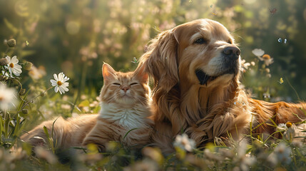 Wall Mural - Portrait photo of  cute baby kitten cat  and dog walking on the grass field during summer background , studio shooting high quality photo pet   background, wallpaper, wall art