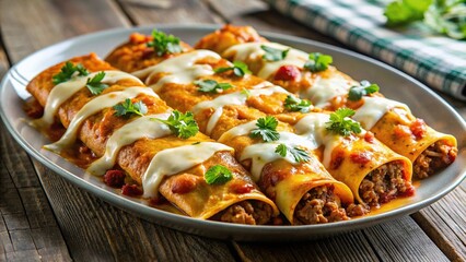 Wall Mural - Delicious beef enchiladas topped with melted cheese and served on a plate, Mexican food, enchiladas, beef, cheese, delicious