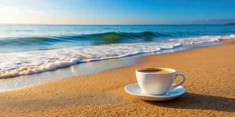 Soothing cup of coffee placed on sandy beach with ocean waves in the background, coffee, drink, beach, relaxation, nature