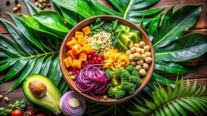 Sticker - A picture of a colorful vegan Buddha bowl surrounded by lush green plants and natural light , vegan, dish, healthy
