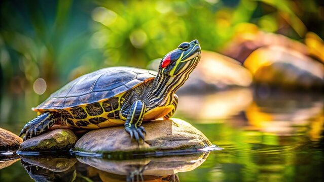 A close-up photo of a beautiful turtle resting on a rock in a pond , reptile, shell, aquatic, wildlife, nature, slow, amphibian