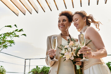Wall Mural - Two brides share a loving moment during their wedding ceremony, raising a toast with champagne.