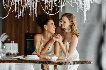 Wall Mural - Two brides, dressed in white, share a romantic moment at their wedding reception.