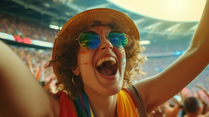 A fan is enthusiastically gesturing with her arms in the air, cheering in an electric blue hat at the entertaining competition event. AIG41