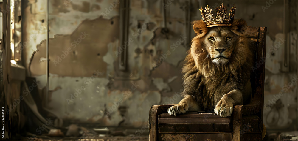 Majestic lion wearing a golden crown, sitting regally on a throne in an ...