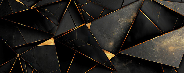 Wall Mural - Abstract geometric background featuring angular lines and bold shapes in a black and gold palette. The high contrast and metallic accents create a striking and luxurious aesthetic.