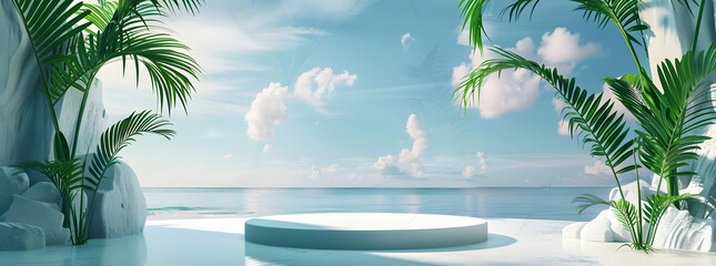Wall Mural - 3D render tropical beach background with podium for product display summer concept with ocean and palm leaves