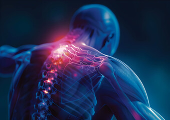 3D illustration of human muscular system with highlighted upper spine, showcasing shoulder pain or injury concept in dark background.