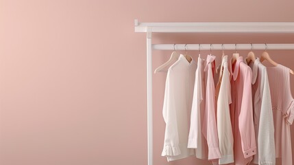 Poster - A close-up image of five neutral-colored clothing items hanging on a white garment rack