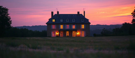 Silhouette of a large detached house At sunset in the panoramic view.