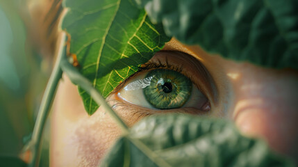 Wall Mural - A woman's eye is shown through a leafy green leaf
