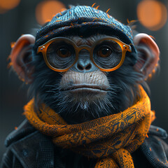 Wall Mural - 3d cute monkey wearing winter clothes photo made with generative ai