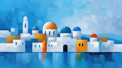 Wall Mural - Impressionist-style painting of a vibrant coastal cityscape with white buildings and colorful domes reflected on the water, under a bright blue sky.