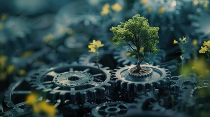 Green tree growing amidst industrial gears and flowers, symbolizing sustainable development, green technology, and environmental conservation