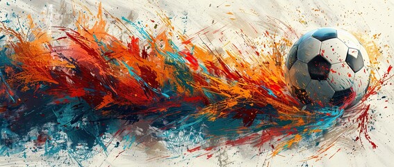 Soccer ball in the air, surrounded by colorful swirling lines and shapes. The background is white with bold brush strokes. There's an abstract design of geometric patterns around it