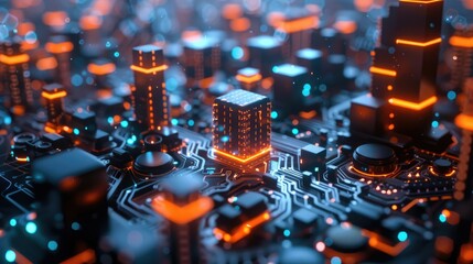 Wall Mural - Futuristic city built on a circuit board, representing the metaverse, digital world, and technological advancement.