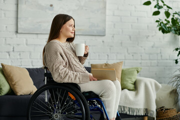 Wall Mural - A woman sits in a wheelchair at home, enjoying a cup of coffee while looking thoughtfully out the window.