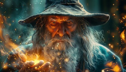 Old man with long grey hair and beard in a witch hat holding fire in his hands.