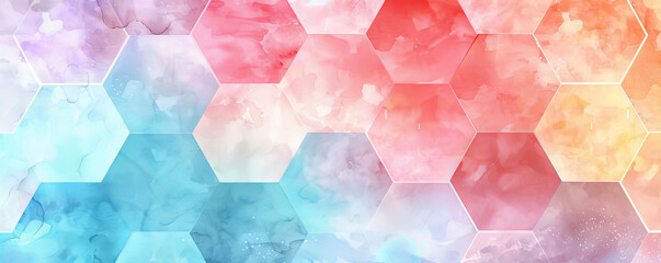 Abstract hexagon geometry background with a watercolor texture. The hexagons are in soft, pastel colors, with a fluid and organic pattern. The design is artistic and serene, perfect for a creative and