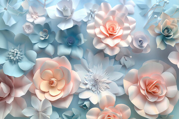 Wall Mural - Elegant paper flowers in pastel colors create a delicate background for Valentine's Day. This 3D render features blooming wall arrangements, perfect for wedding cards, Easter greetings, or Mother's