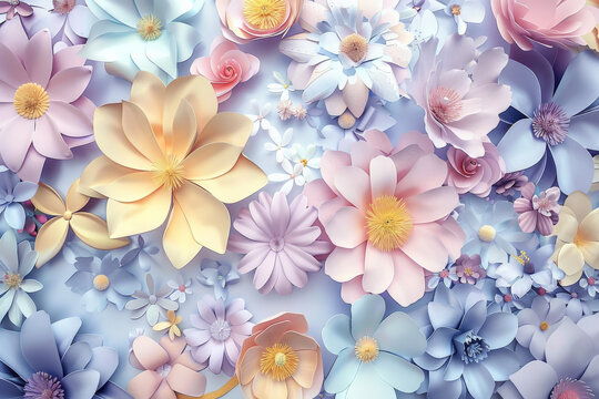 Delicate pastel paper flowers form a stunning background, ideal for Valentine's Day or a wedding card. This 3D render features blooming arrangements in paper art style, suitable for Easter or Mother's
