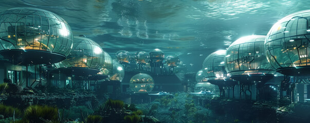 Sticker - Futuristic landscape featuring a sprawling underwater farming complex with transparent domes and robotic harvesters. The ocean above shimmers with light, creating a serene underwater environment.