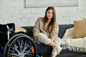 Wall Mural - A young woman in a wheelchair sits on a couch in her home, with a peaceful expression.