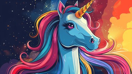 Poster - Magical Unicorn with Rainbow Mane Against a Starry Sky.