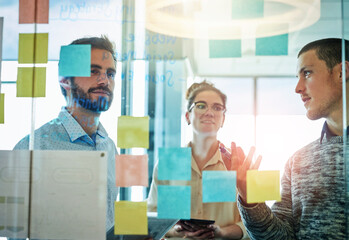 Poster - Group of people, presentation and planning in office for proposal, collaboration and teamwork. Coworkers, discussion and brainstorming for ideas, sticky note or project in creative agency for career