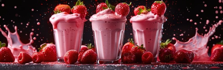 Refreshing Strawberry Smoothie with Fruit Splash on Black Table - Healthy Food Photography Background